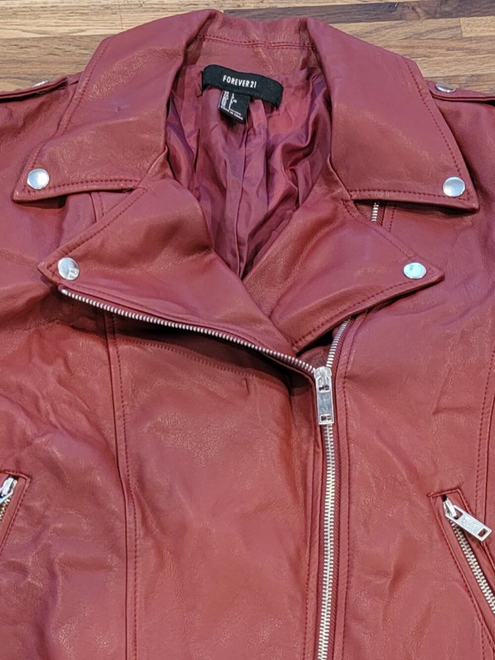 Forever 21 Red Moto Faux Leather Zippered Jacket/Coat - Picture 2 of 11